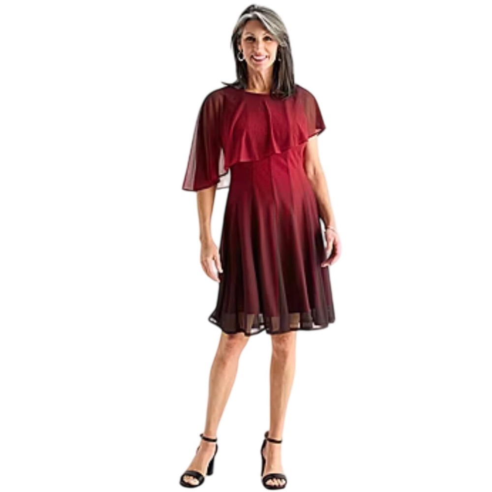 Danny and Nicole Womens Red Ombre Cape Fit and Flare Dress Lined Size 4
